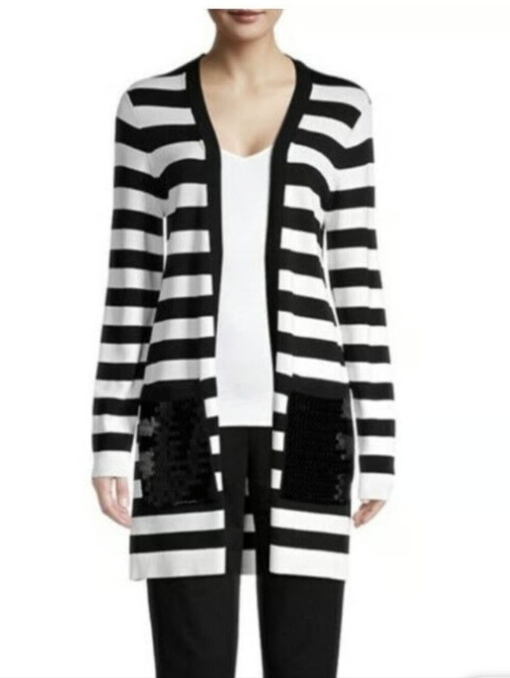 Kobi Halperin Rory Sequin Pocket Striped Open Front Sweater Cardigan Size Large